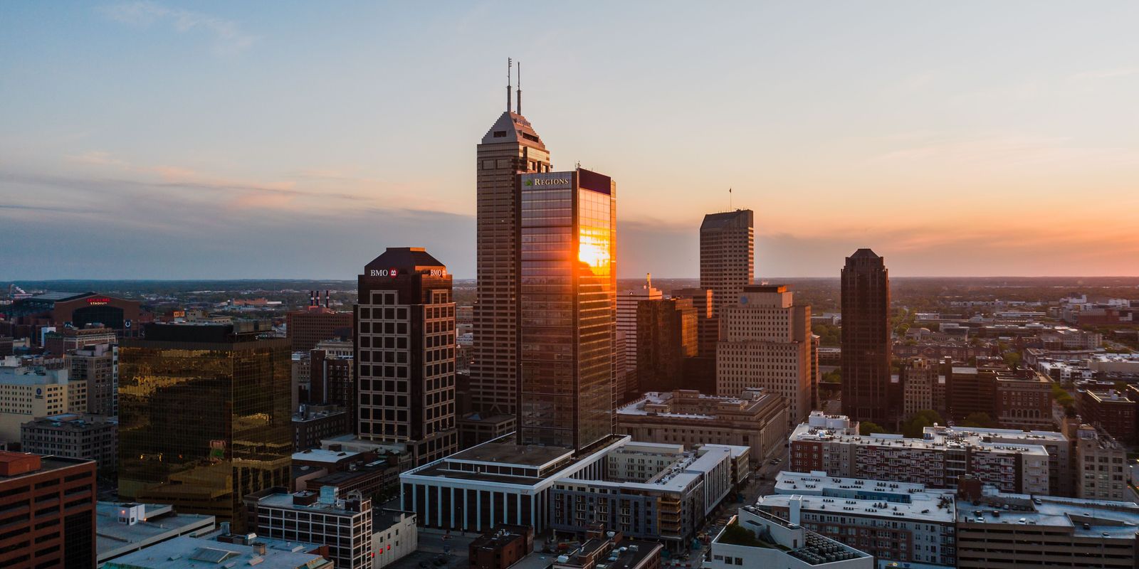 Downtown Indianapolis skyline at sunset